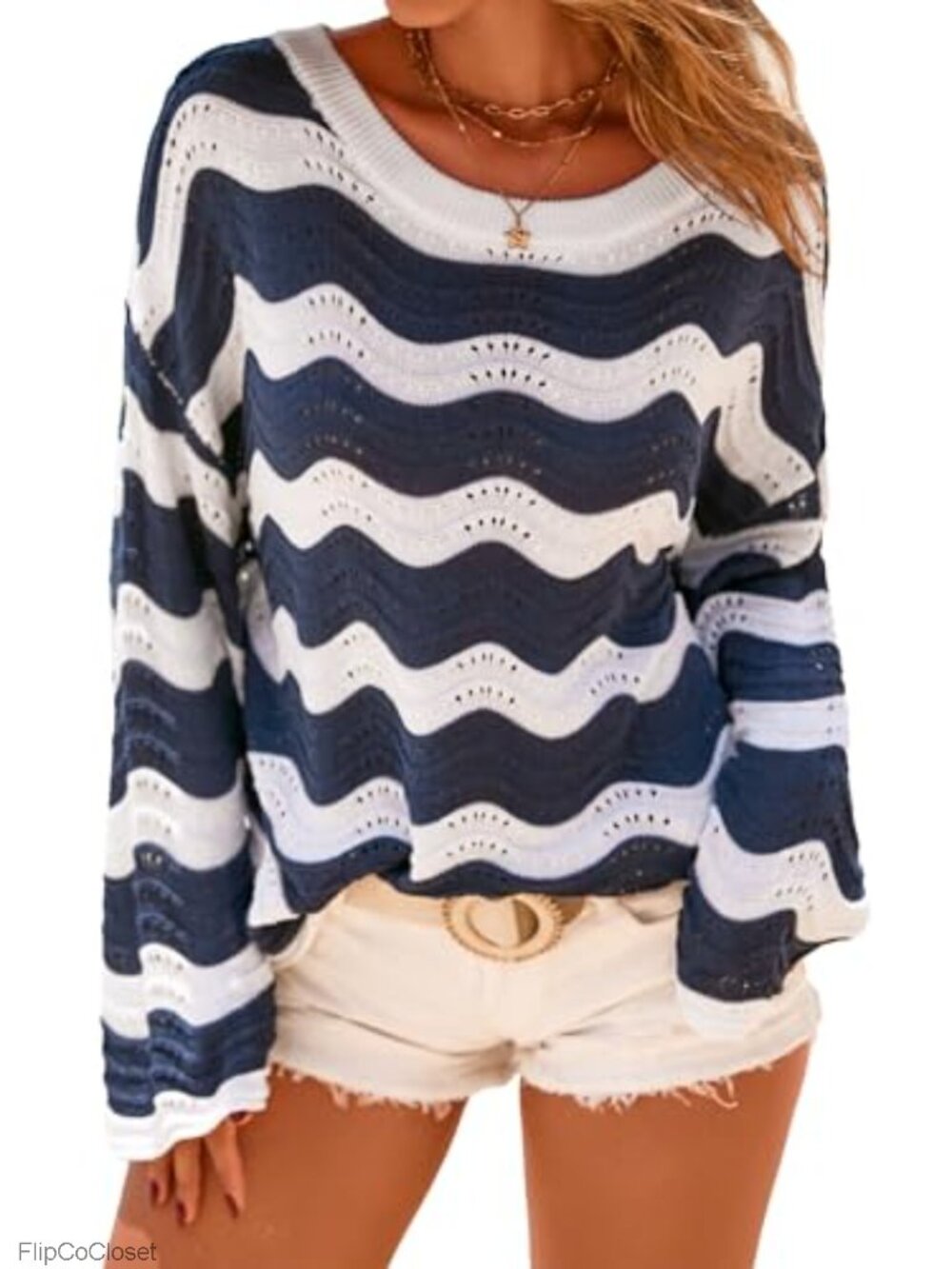Linen Blend Oversized Crochet Bell Sleeve Striped Beach Vacation Top